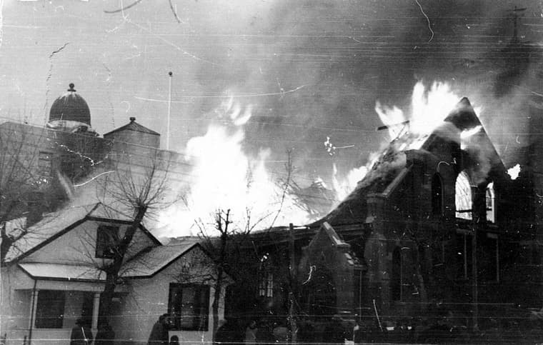 Flames rising from First Baptist Church in Lethbridge on January 15, 1953