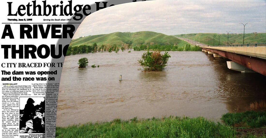 Galt exhibit panel combining June 8, 1995 Herald coverage with a photograph of floodwater beside Whoop-Up Drive bridge