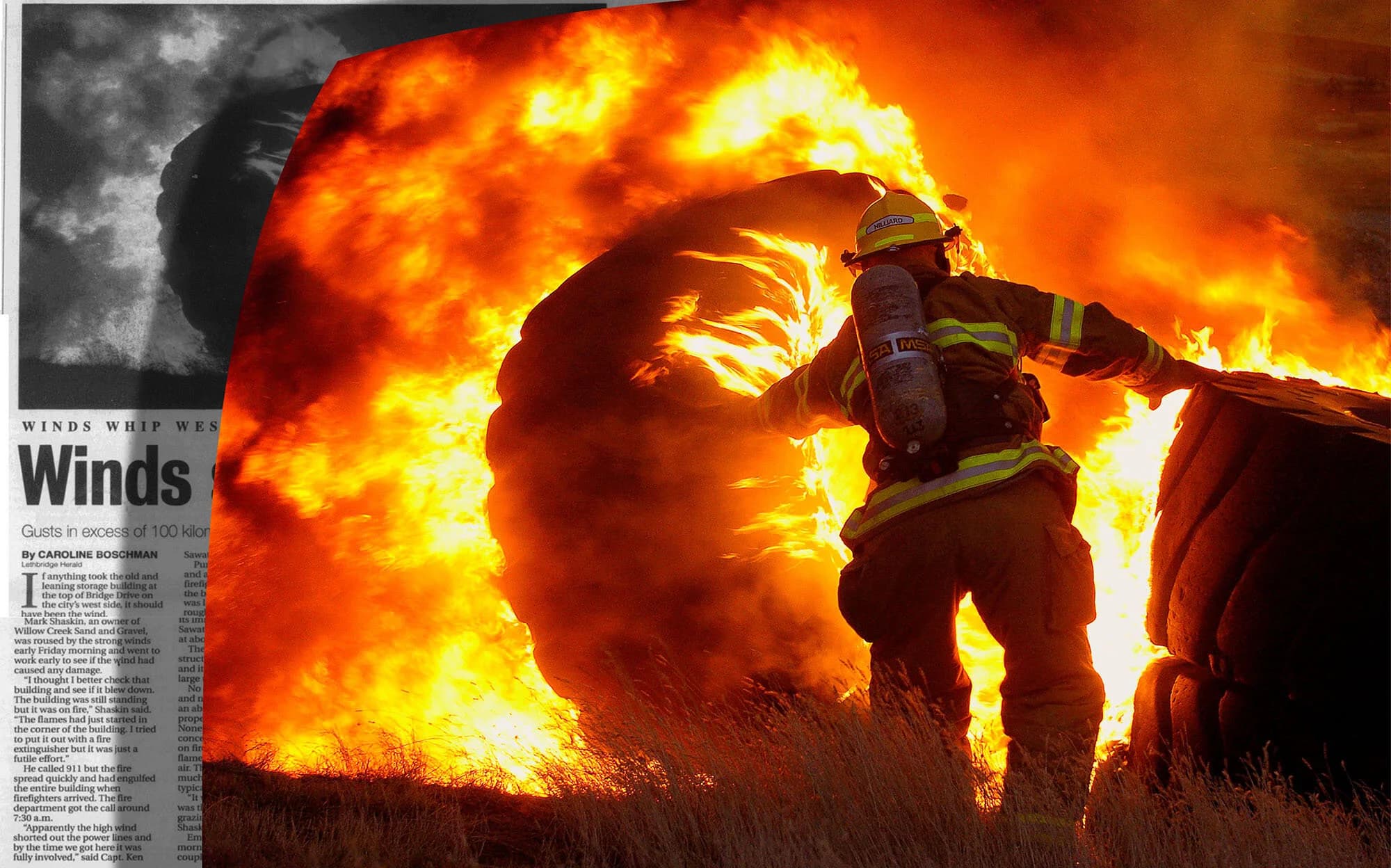 Galt exhibit panel showing firefighter Les Hilliard separating burning tractor tires, alongside November 6, 2004 Herald coverage
