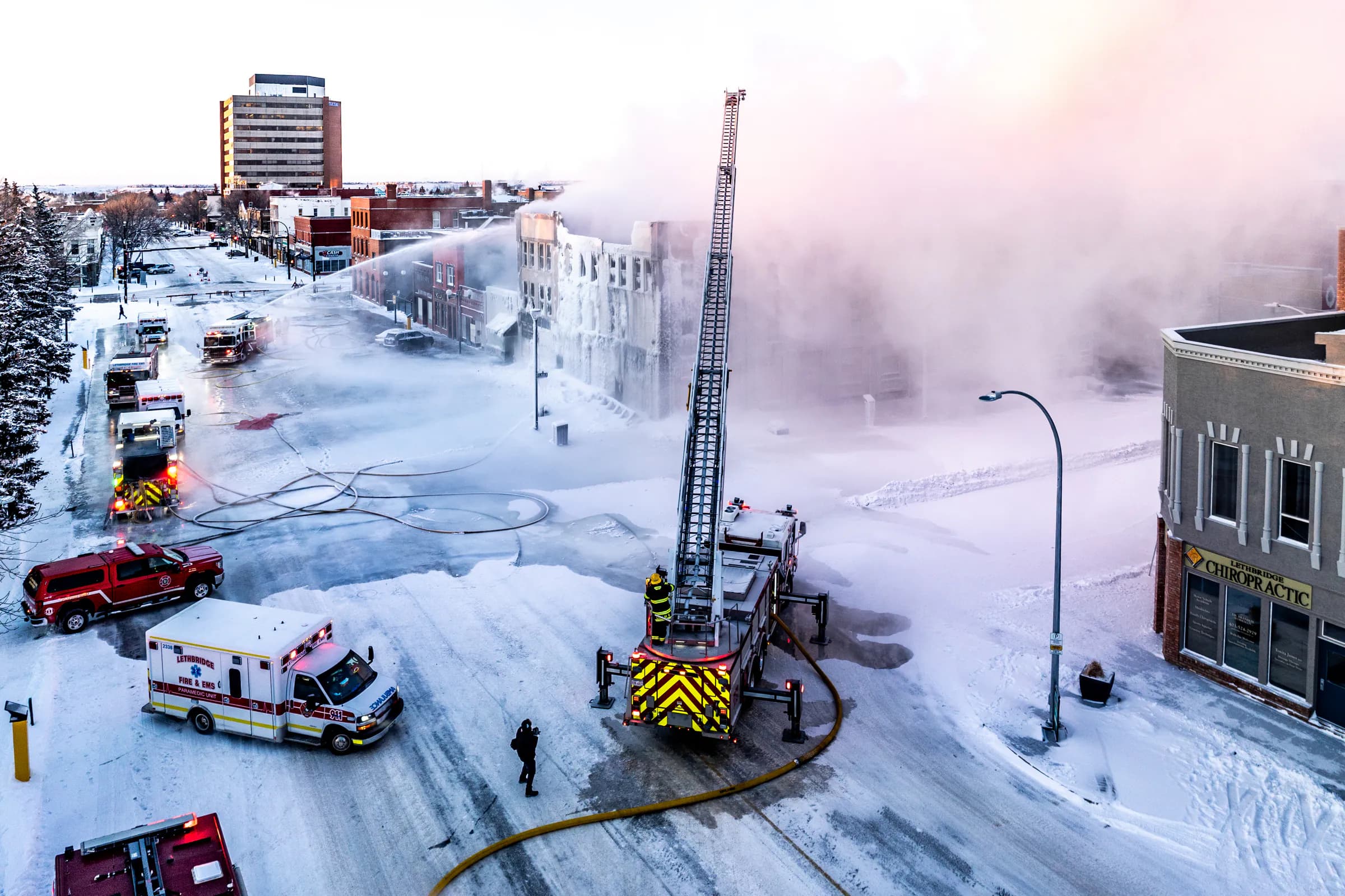 Lethbridge fire and ambulance crews responding to a downtown hotel fire
