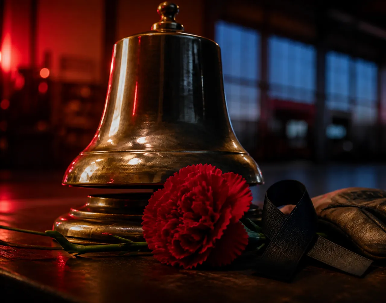 Memorial bell, red carnation, black ribbon, and firefighter gloves