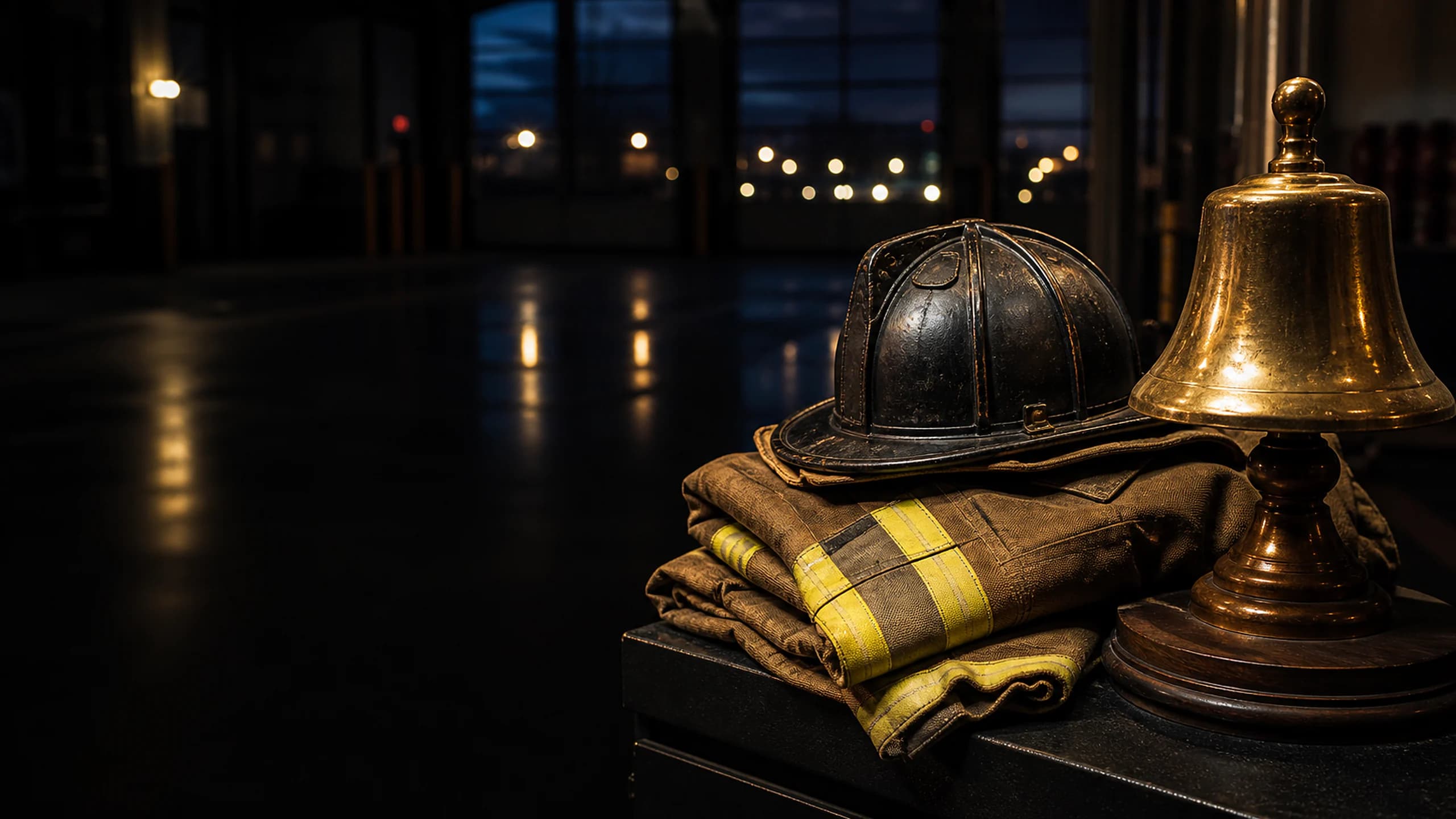 Firefighter helmet, folded turnout gear, and a brass memorial bell in a quiet apparatus bay