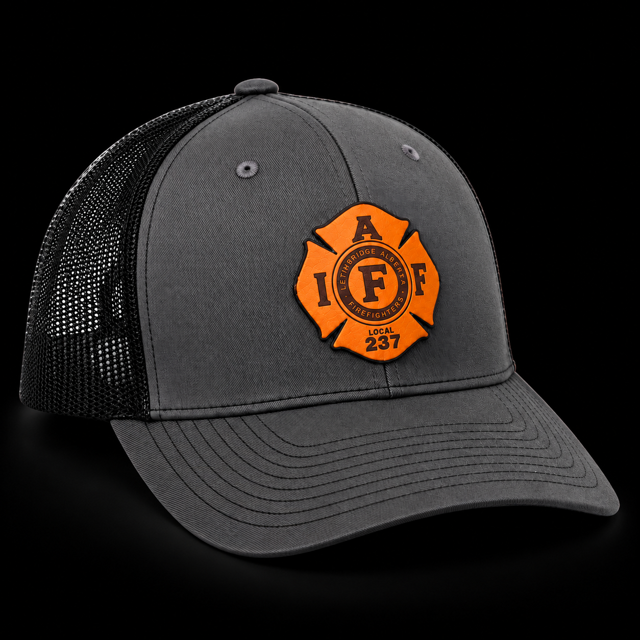 Local 237 Cap in charcoal with black mesh and an orange IAFF Local 237 patch
