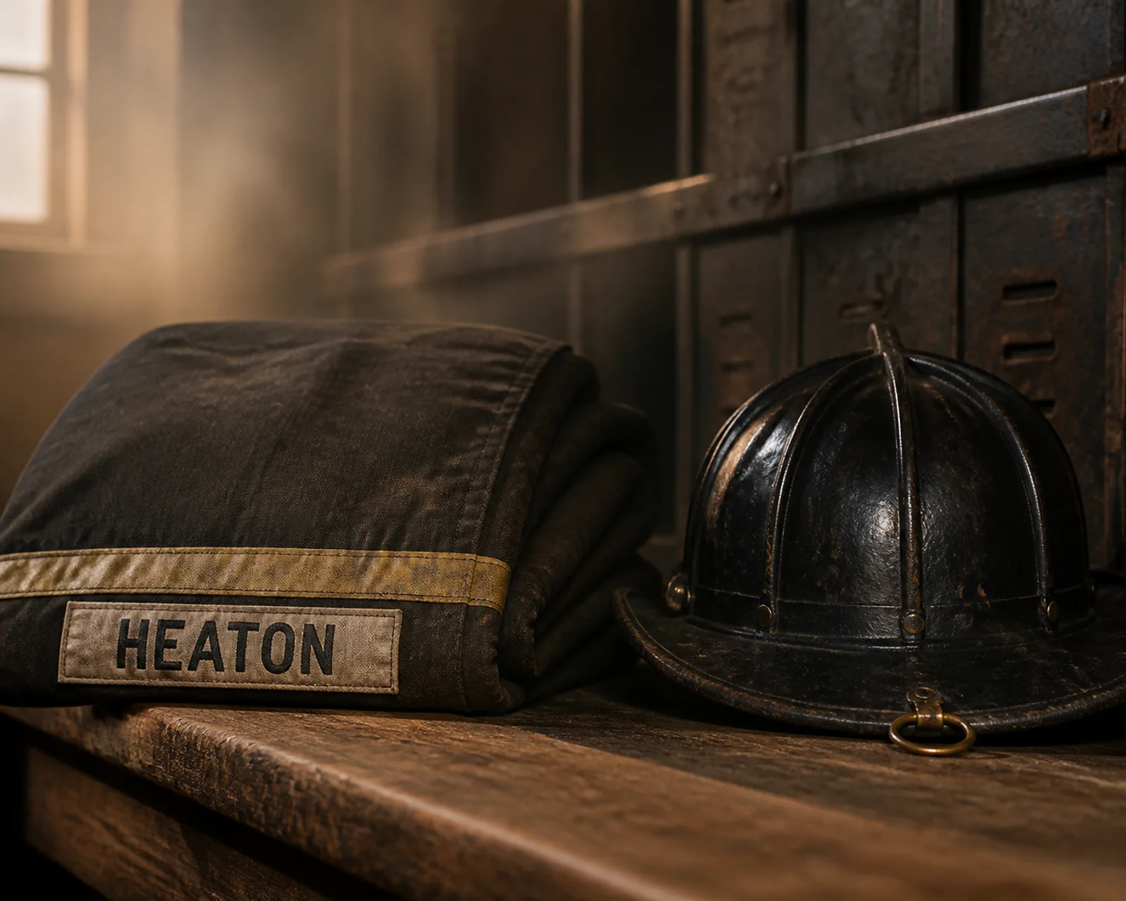 Symbolic memorial image of a vintage turnout coat and helmet with a HEATON name strip