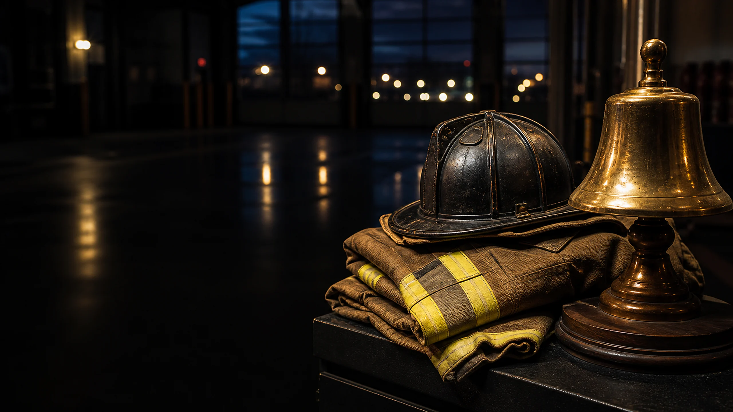 Firefighter helmet, folded turnout gear, and a brass memorial bell in a quiet apparatus bay