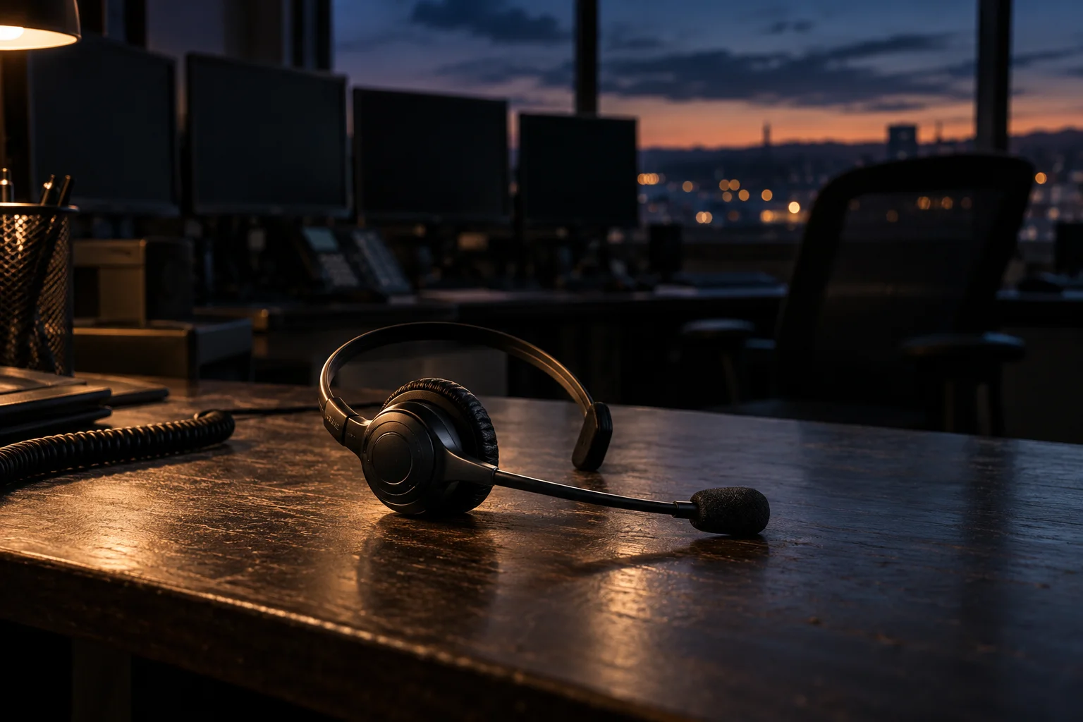 Symbolic memorial image of a dispatch headset resting at an empty emergency communications workstation