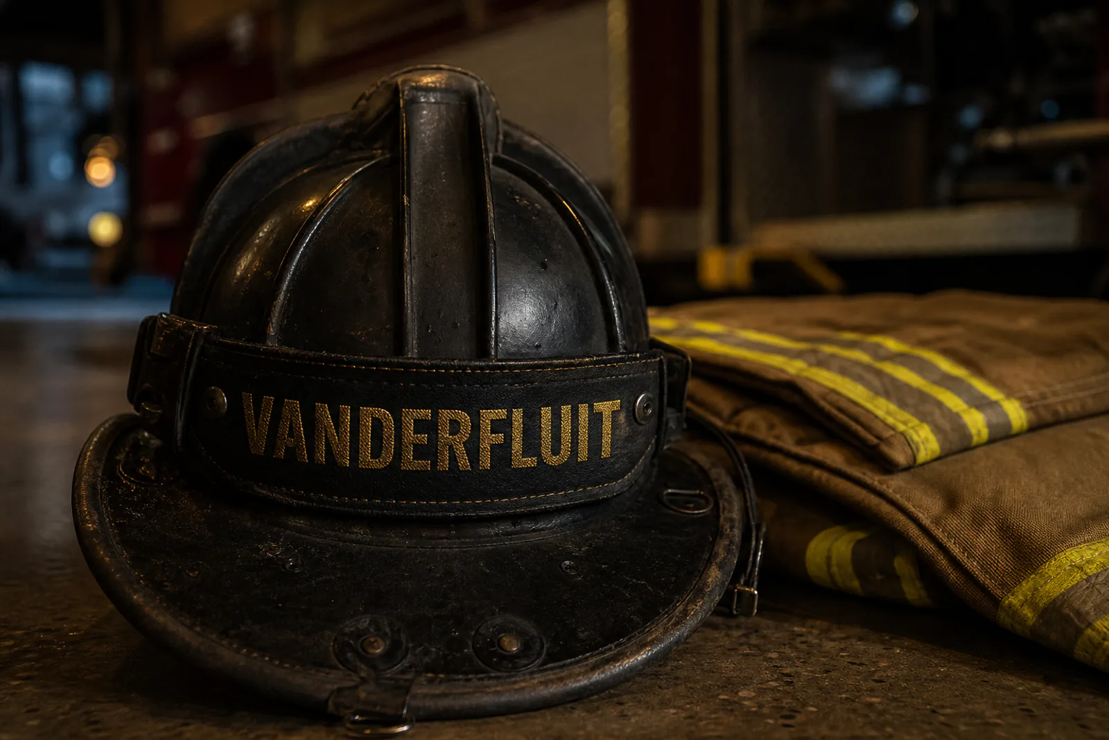 Symbolic memorial image of a helmet with a VANDERFLUIT name strip