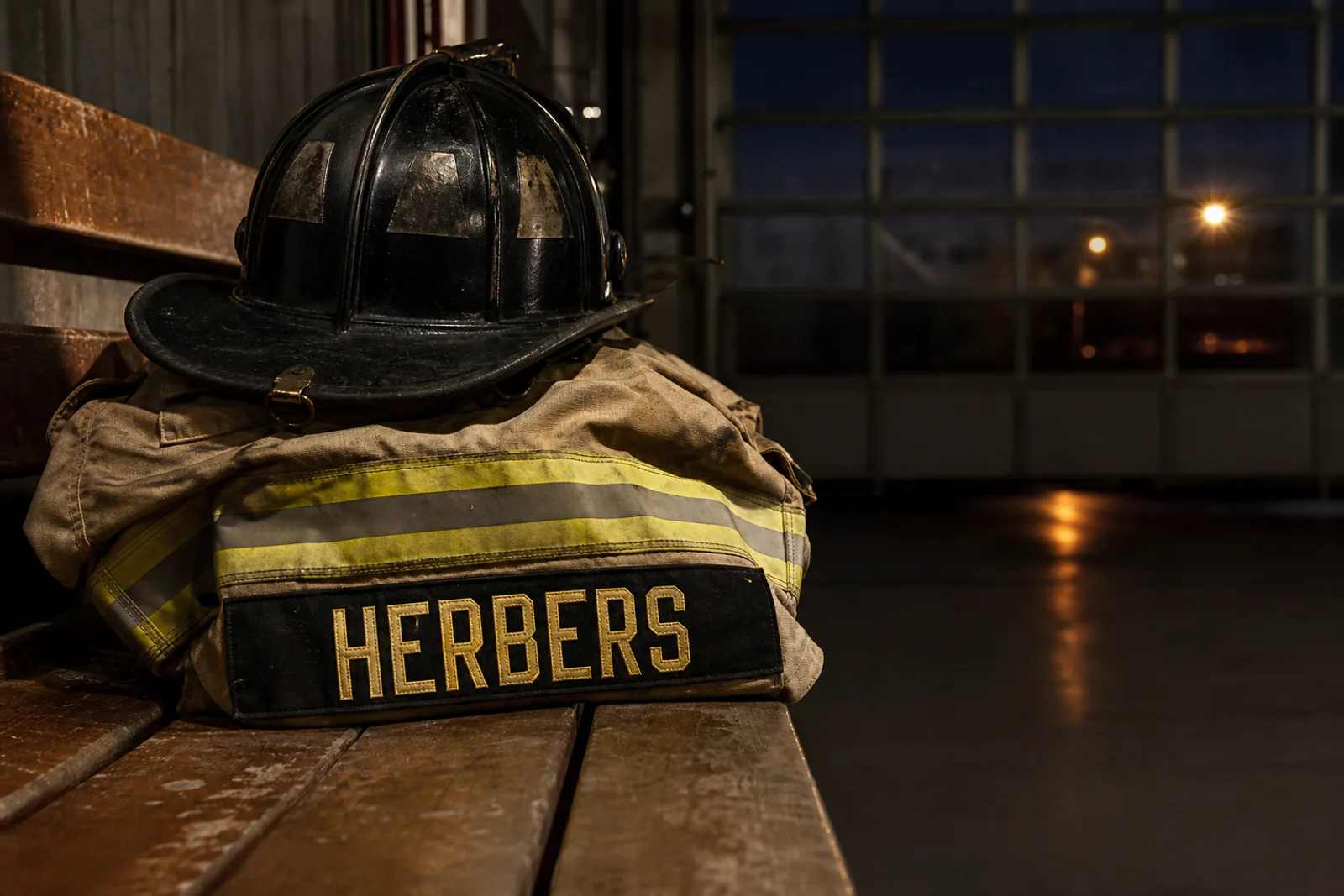 Symbolic memorial image of turnout gear and a helmet with a HERBERS name strip
