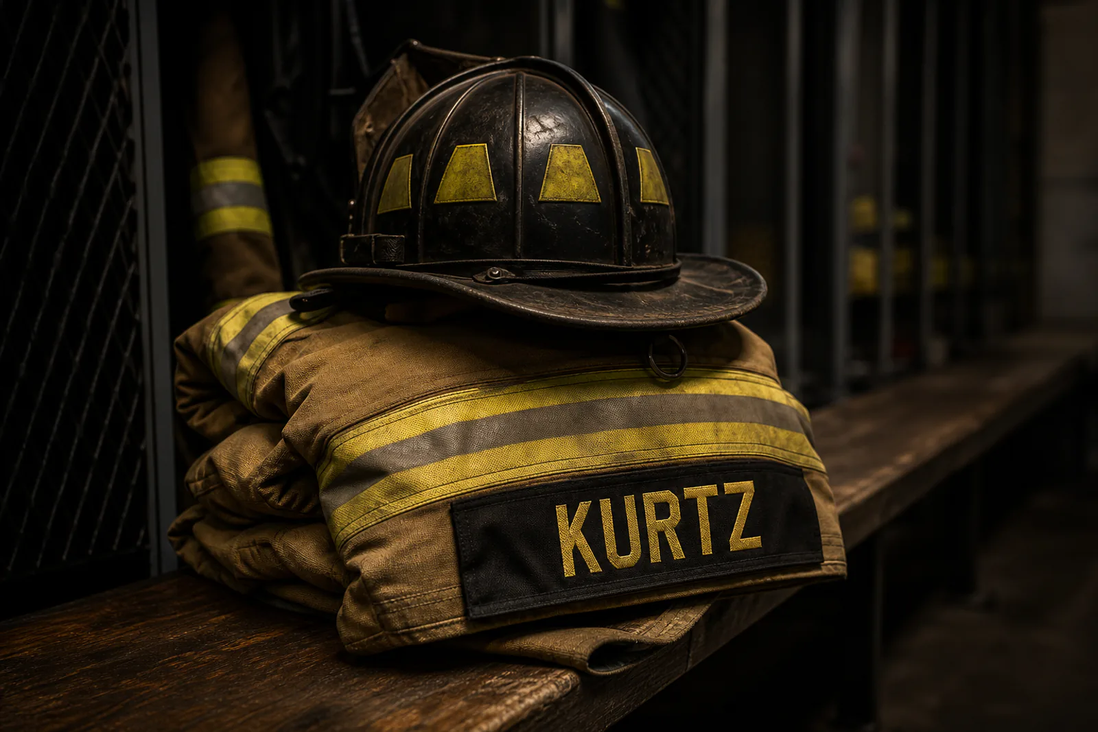 Symbolic memorial image of turnout gear and a helmet with a KURTZ name strip