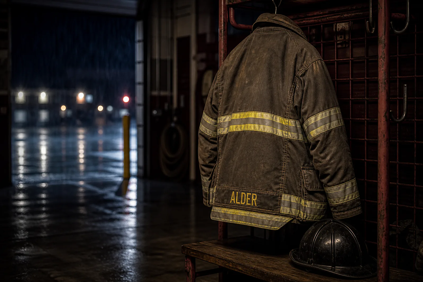 Symbolic memorial image of turnout gear and a helmet with an ALDER name strip
