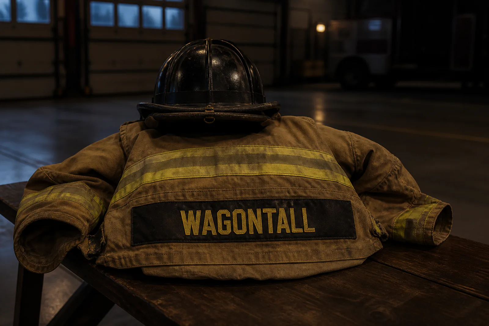 Symbolic memorial image of turnout gear with a WAGONTALL name strip