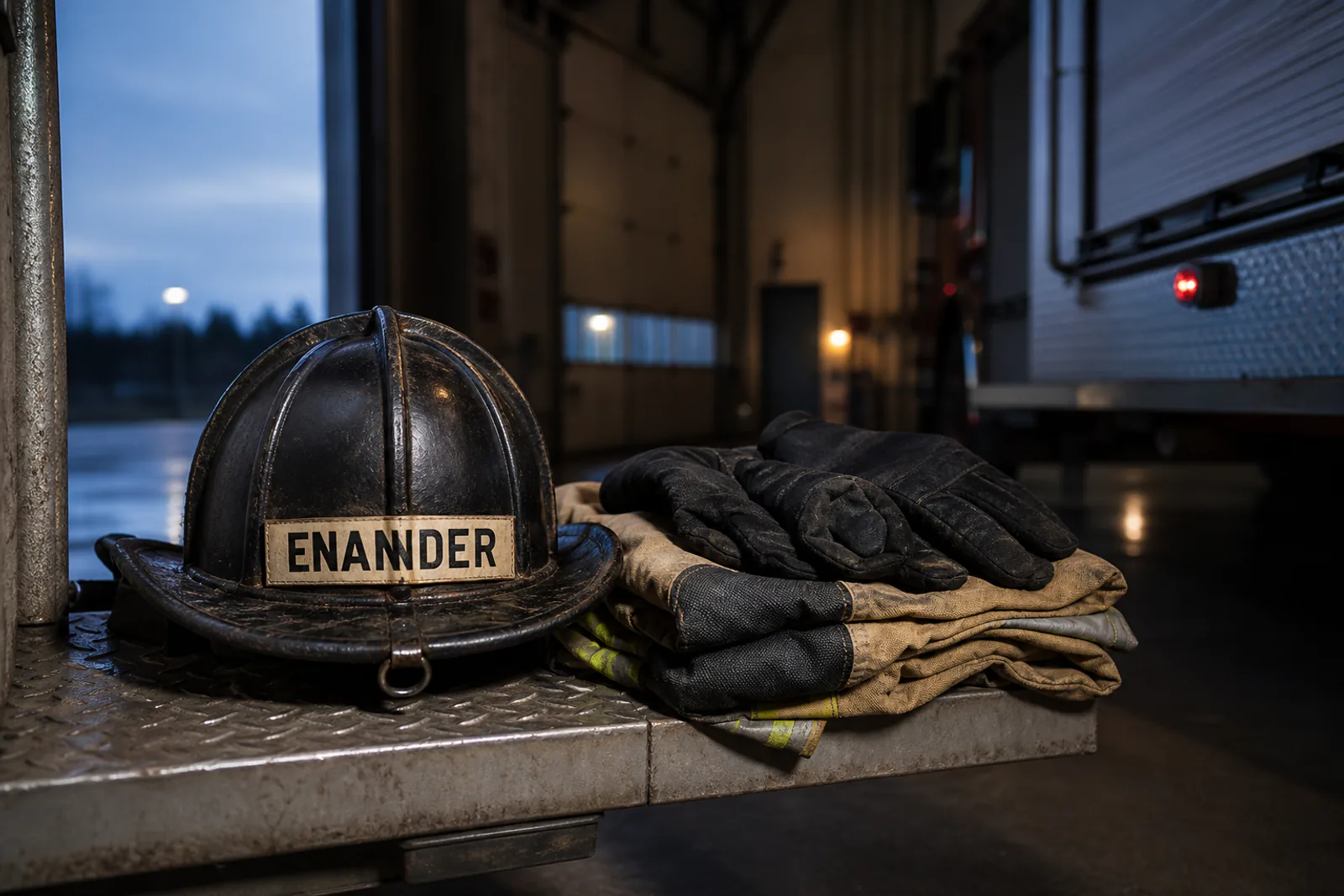 Symbolic memorial image of a helmet with an ENANDER name strip