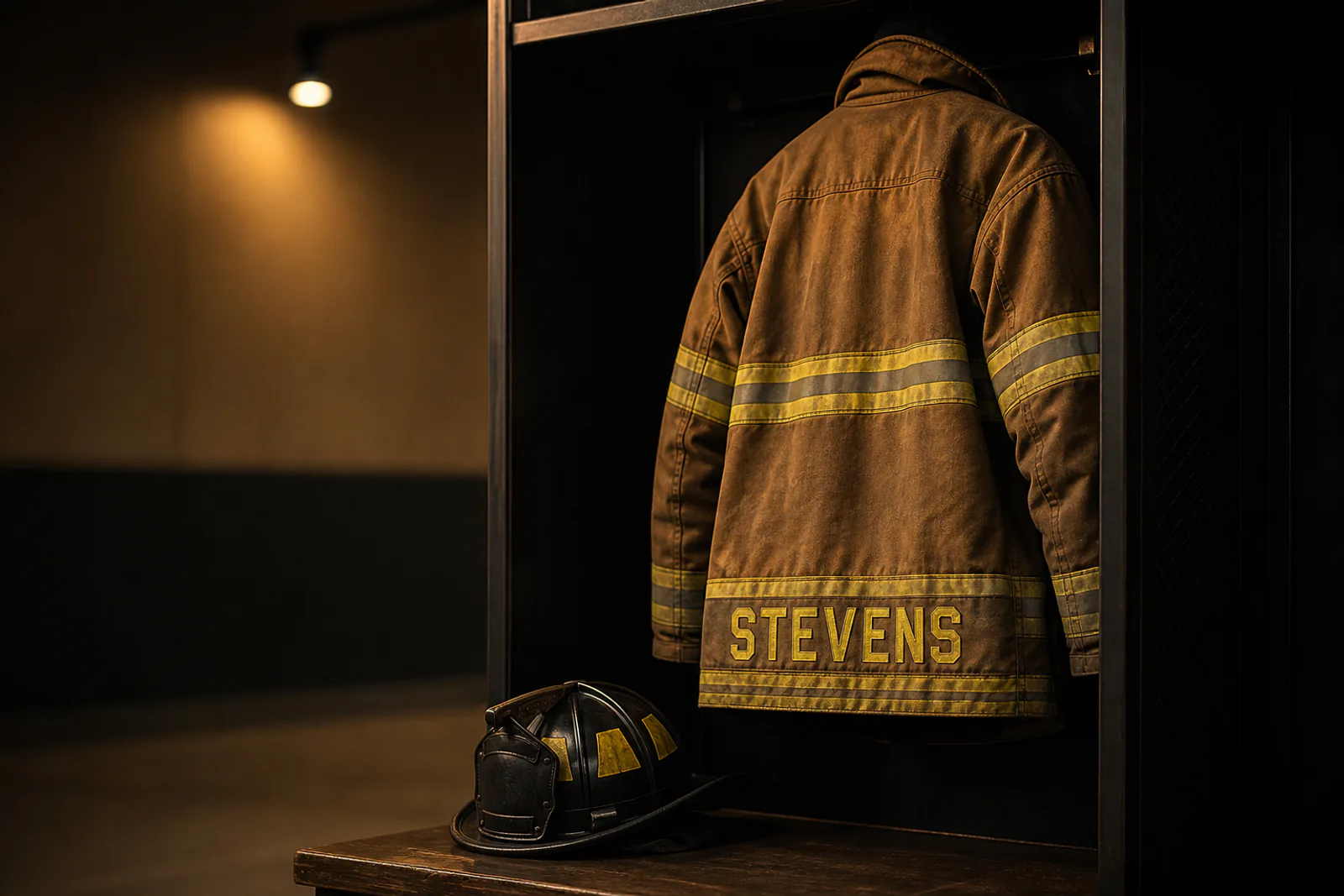Symbolic memorial image of turnout gear and a helmet with a STEVENS name strip