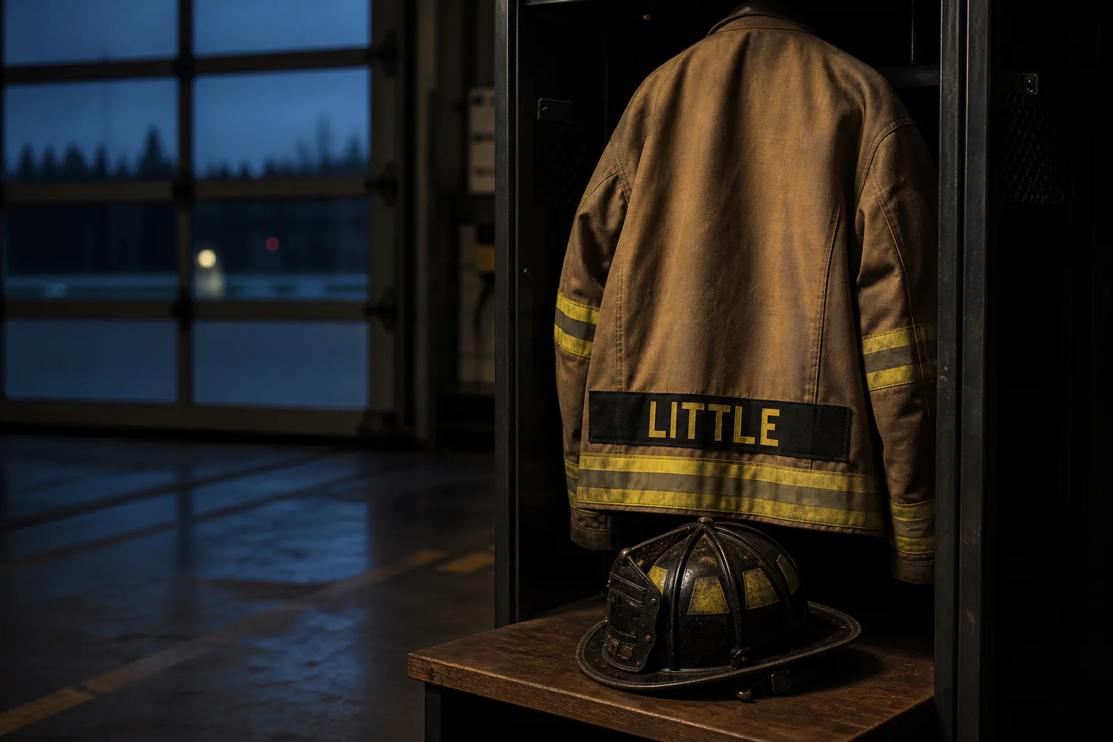 Symbolic memorial image of turnout gear and a helmet with a LITTLE name strip