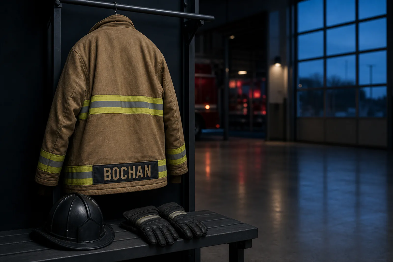 Symbolic memorial image of turnout gear and a helmet with a BOCHAN name strip